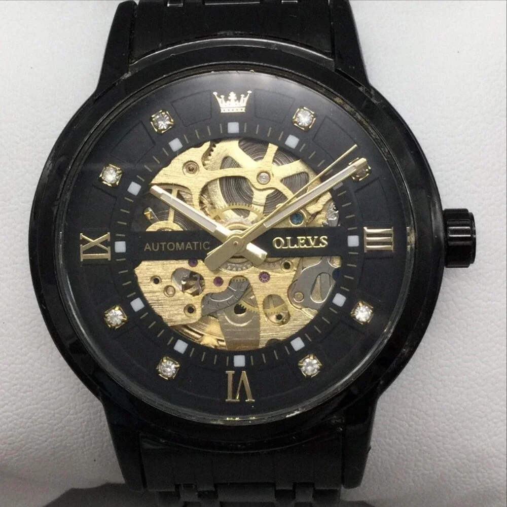 OLEVS G9901 Mens Watch 41mm Black Gold Tone Skeleton Stainless Automatic 7.25